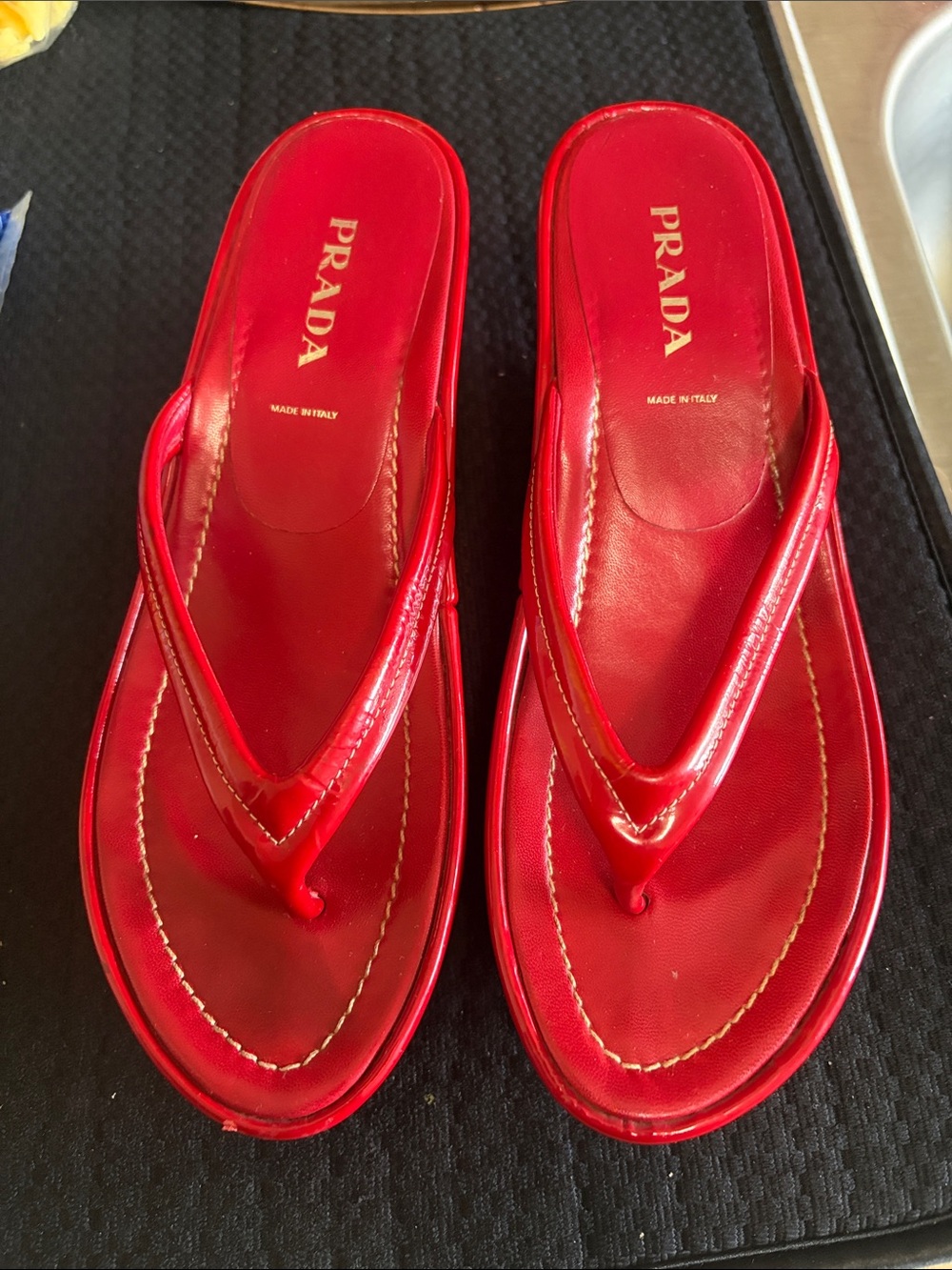 PRADA Red Patent Leather Thong wedge sandals